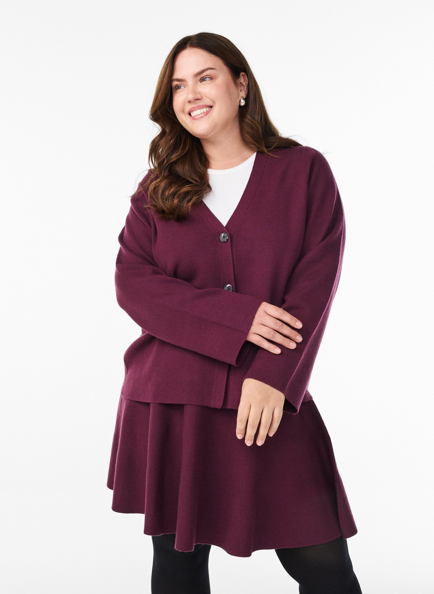 Korte gebreide A-lijn rok, Donker Bordeaux, Model