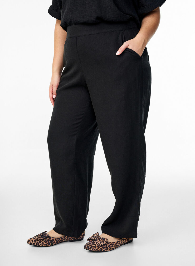 Linnen en viscose broek met losse pasvorm, Black, Model image number 2