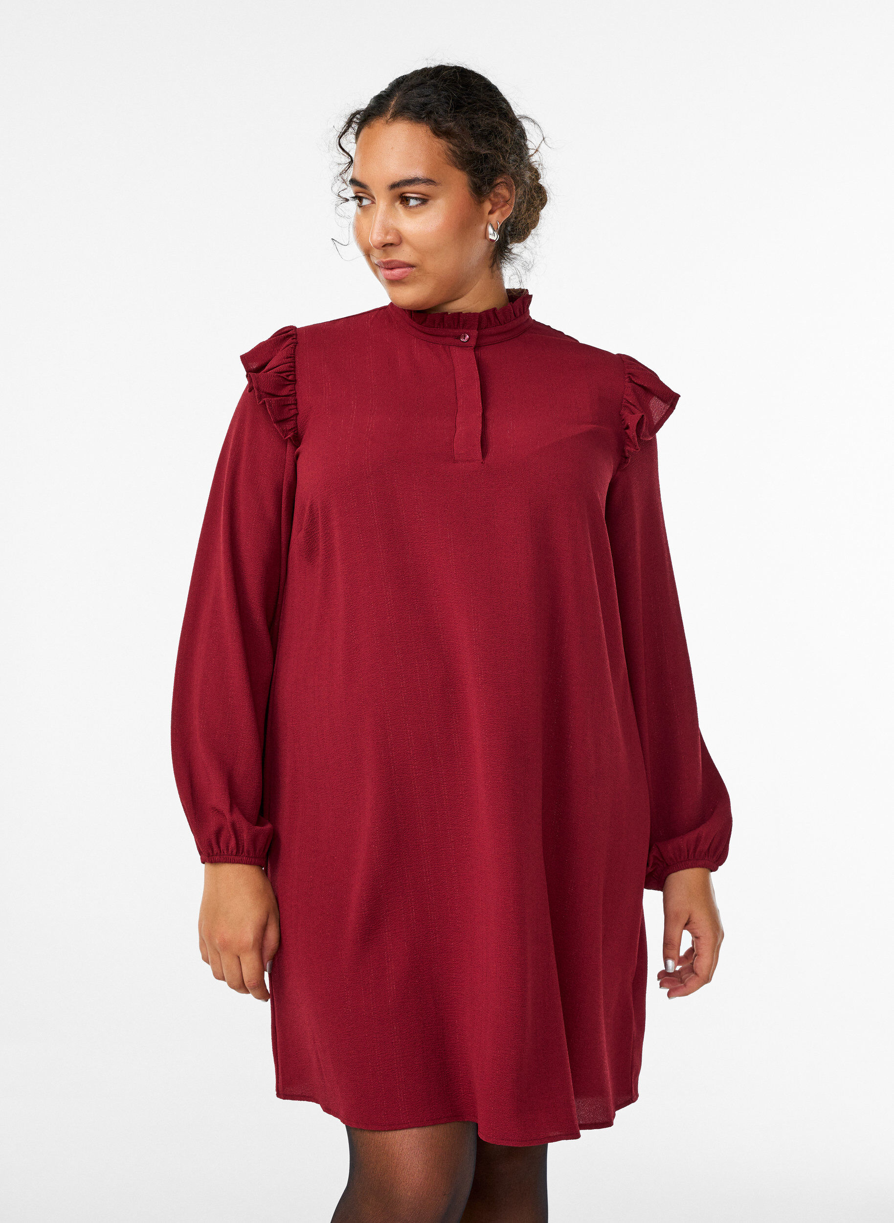 Kort jurkje met ruches en glitter, Donker Bordeaux, Model
