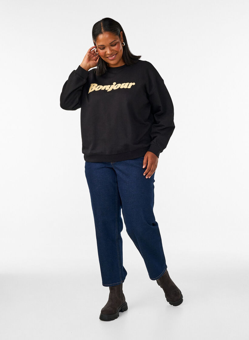 Sweatshirt met boucl&eacute;-tekstmotief, Zwart, Model image number 1