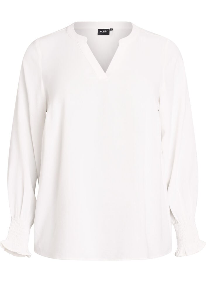 Blouse met smockmanchetten en V-hals, Vanille, Packshot image number 0