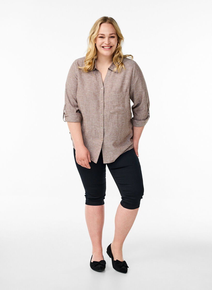 Linnen en viscose shirt met 3/4 mouwen, Bruin, Model image number 1