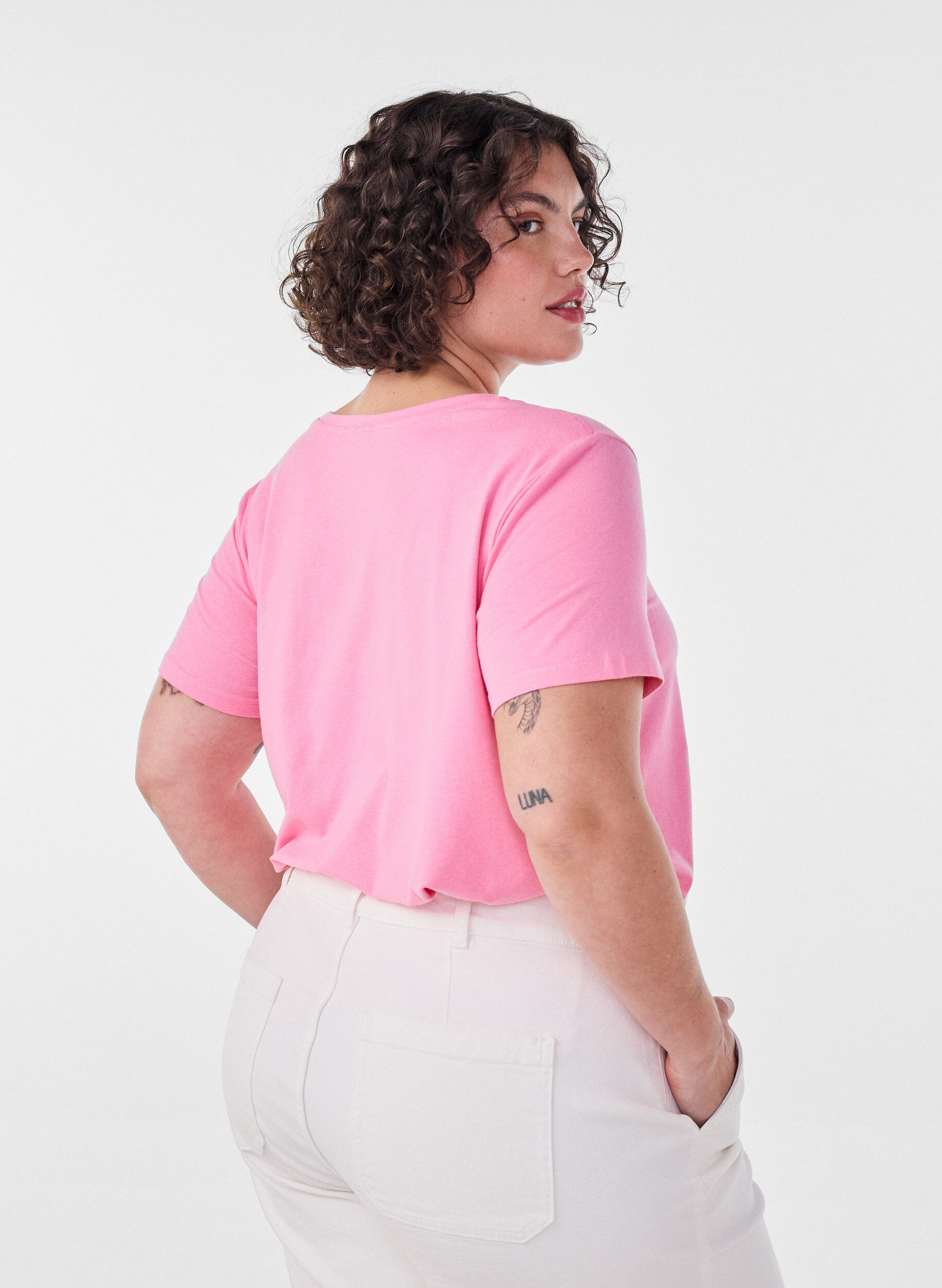 ZizziBasic t-shirt in effen kleur met katoen, Roze, Model image number 2