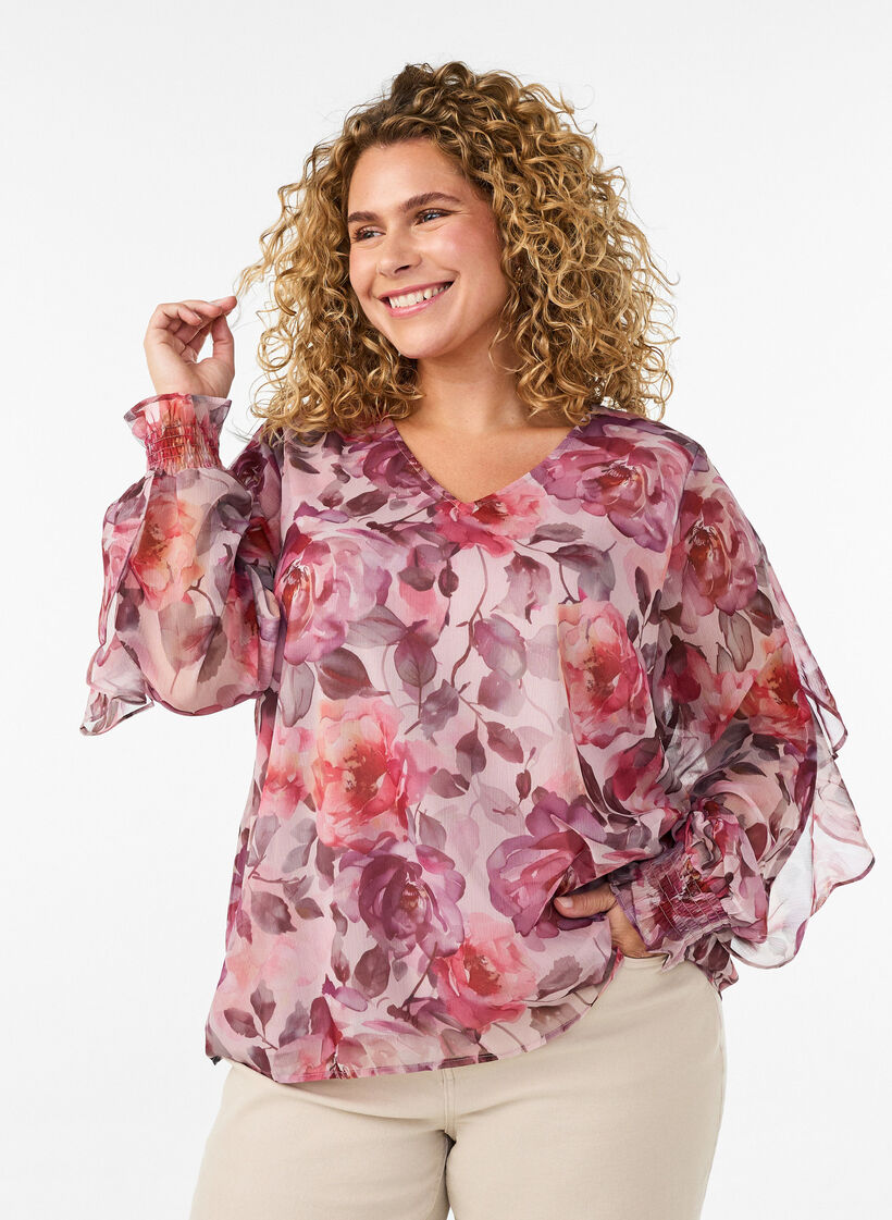 Blouse met bloemenprint, V-hals en ruches mouwen, Roze, Model