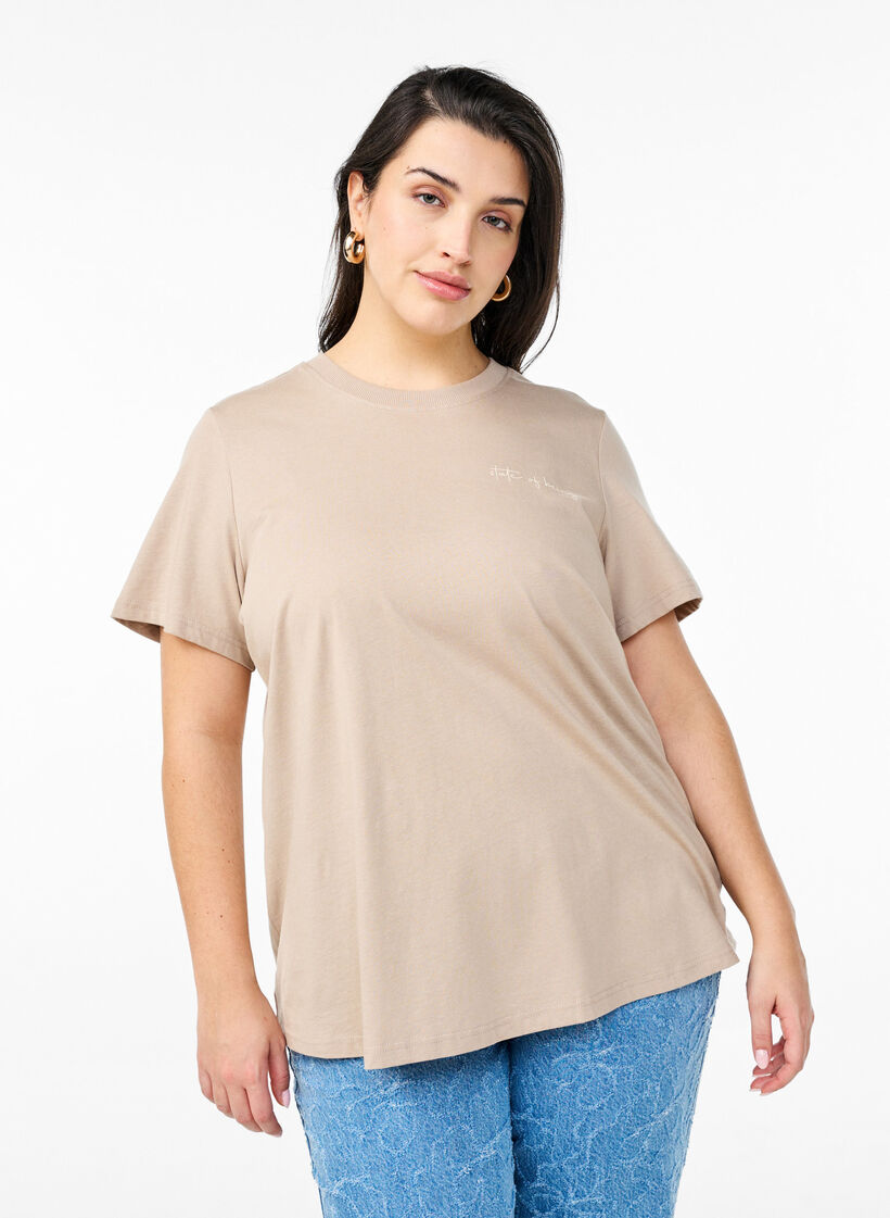 T-shirt met tekstprint en ronde hals, Bruin, Model image number 0