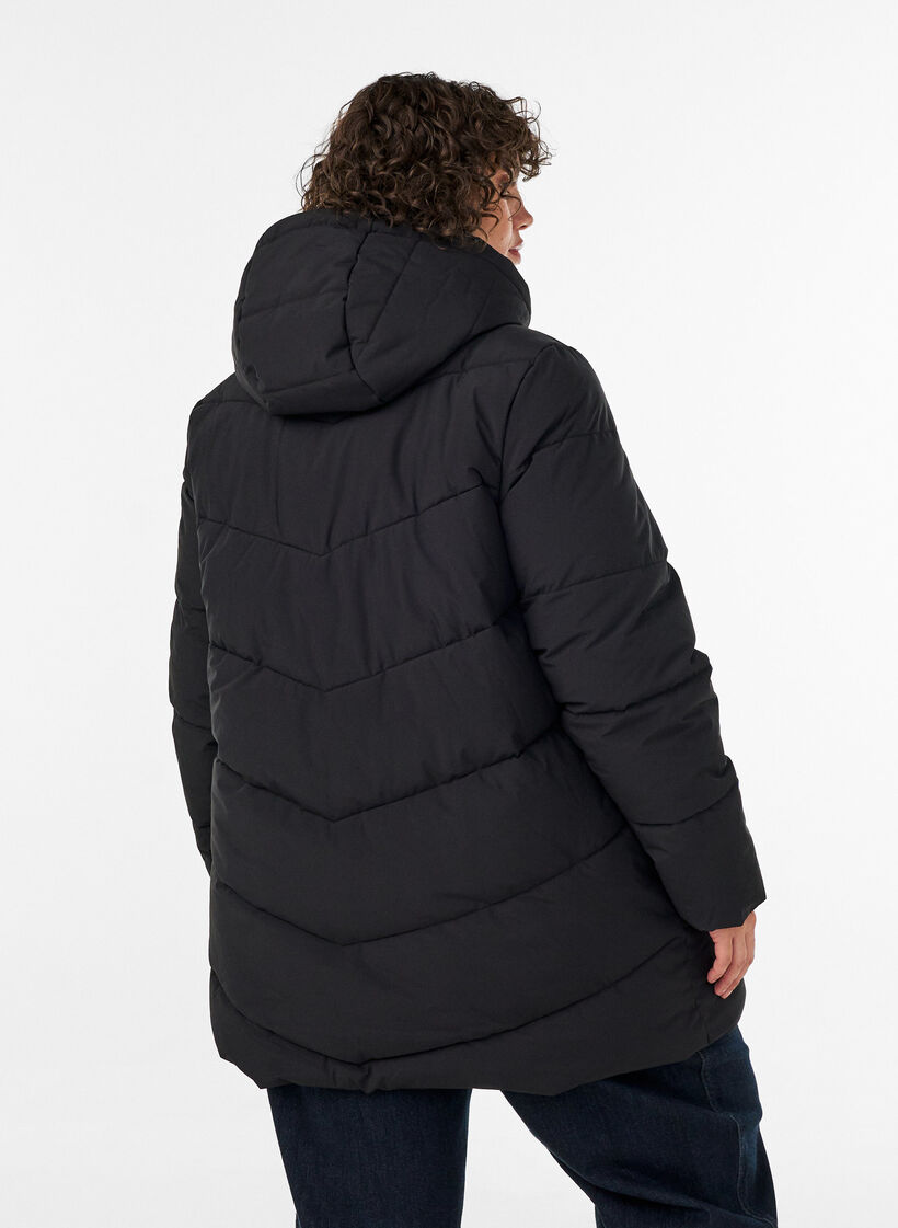 Halflange pufferjas met capuchon, Zwart, Model image number 2
