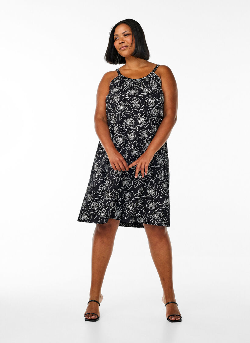 Jurk met middelhoge bandjes van biologisch katoen, Zwart, Model image number 1