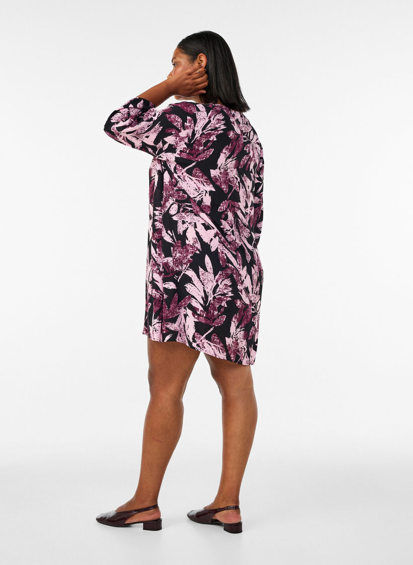 Korte viscose jurk met bloemenprint en 3/4 mouwen, Zwart, Model image number 2