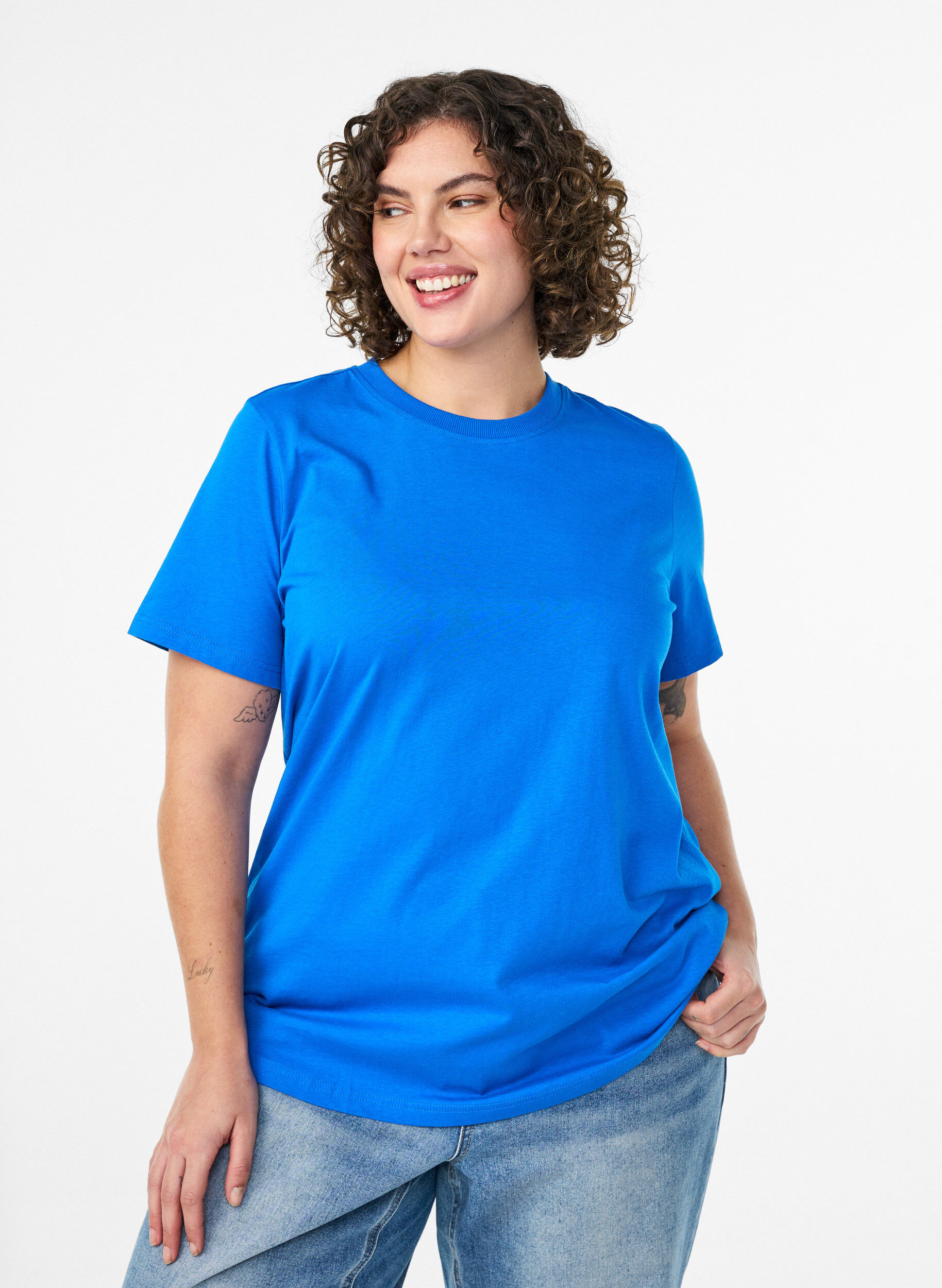 T-shirt basique en coton &agrave; col rond, Bleu, Model