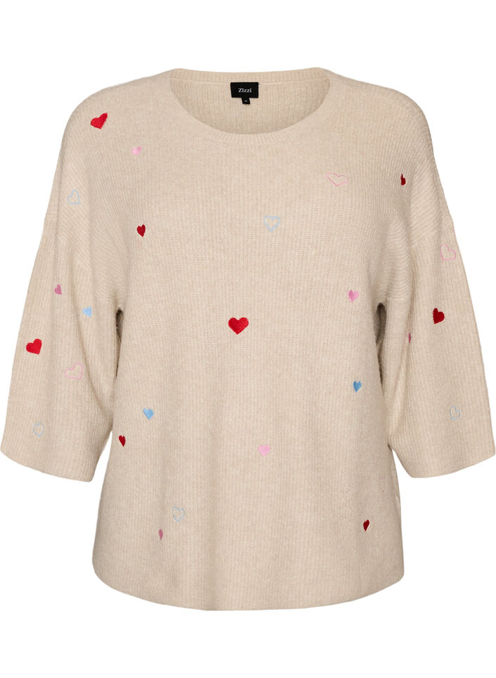 Gebreide blouse met hartjes en 3/4 mouwen, Beige, Packshot image number 0