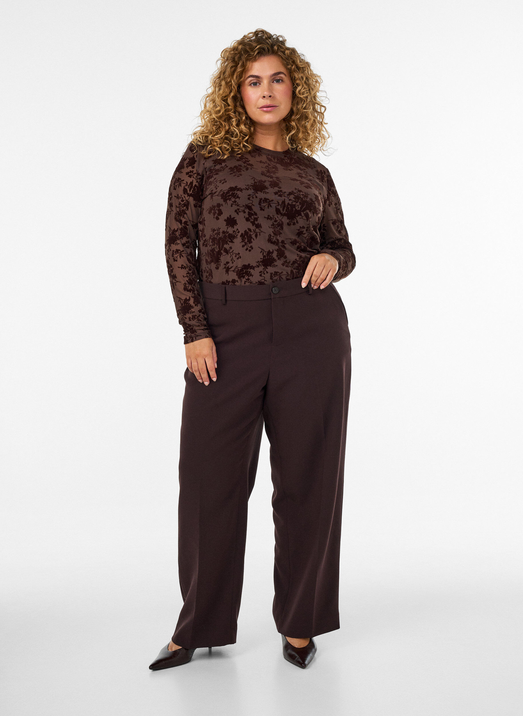 Op maat gemaakte broek met wijde pijpen en hoge taille, Bruin, Model