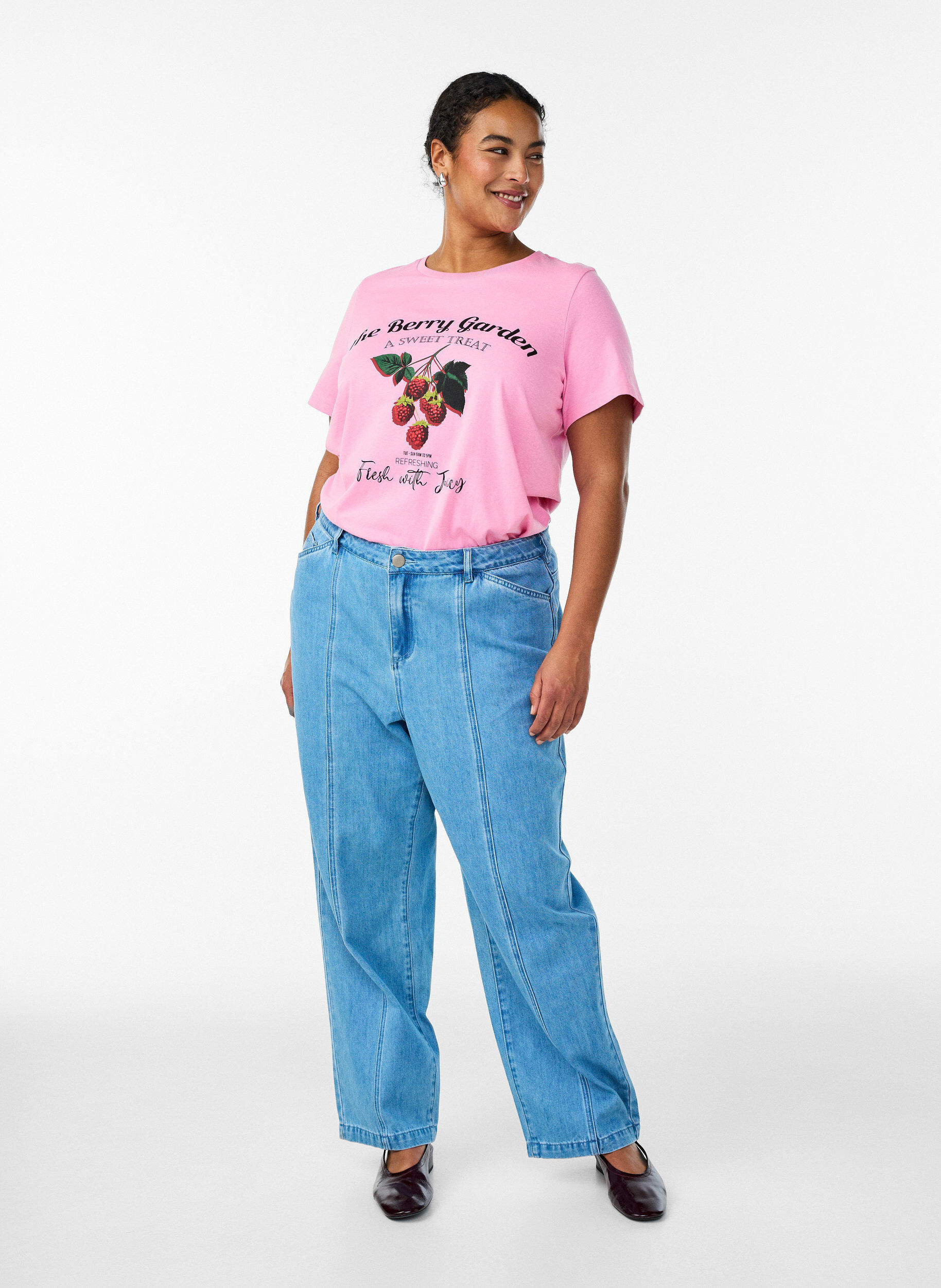 ZizziKatoenen T-shirt met fruitprint en tekst, Roze, Model image number 1