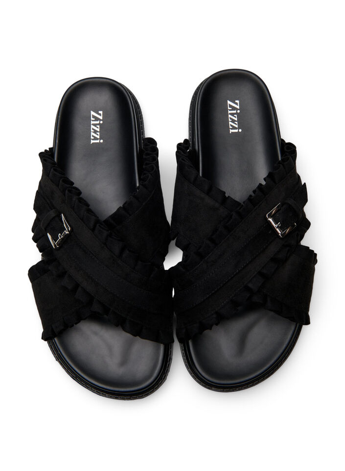 Wide fit - Instapsandaal met ruche details, Black, Packshot