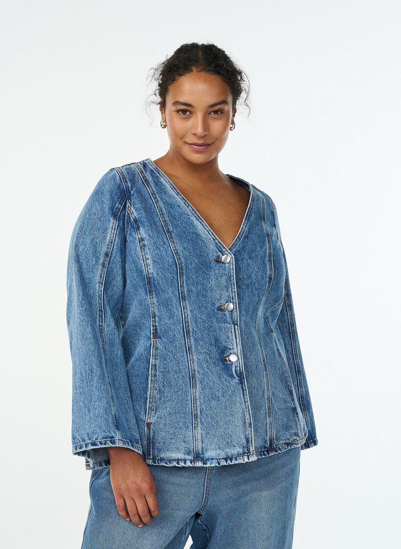 Denimjack met vormende naden en een V-hals, Blauw, Model