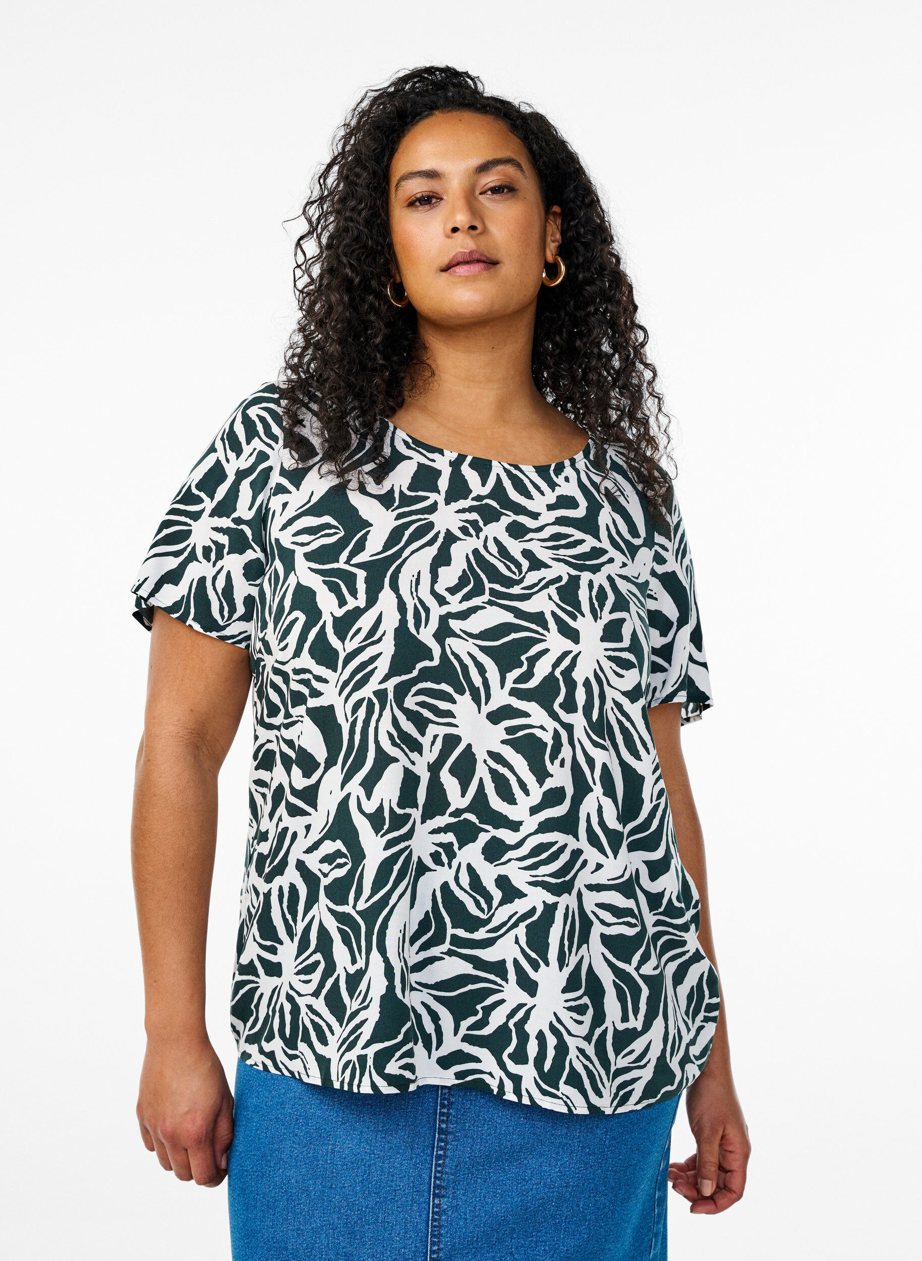 Viscose blouse met korte mouwen en print, Groen, Model