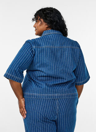 ZizziGestreept denim shirt met korte mouwen, Blue Denim Stripe, Model image number 1