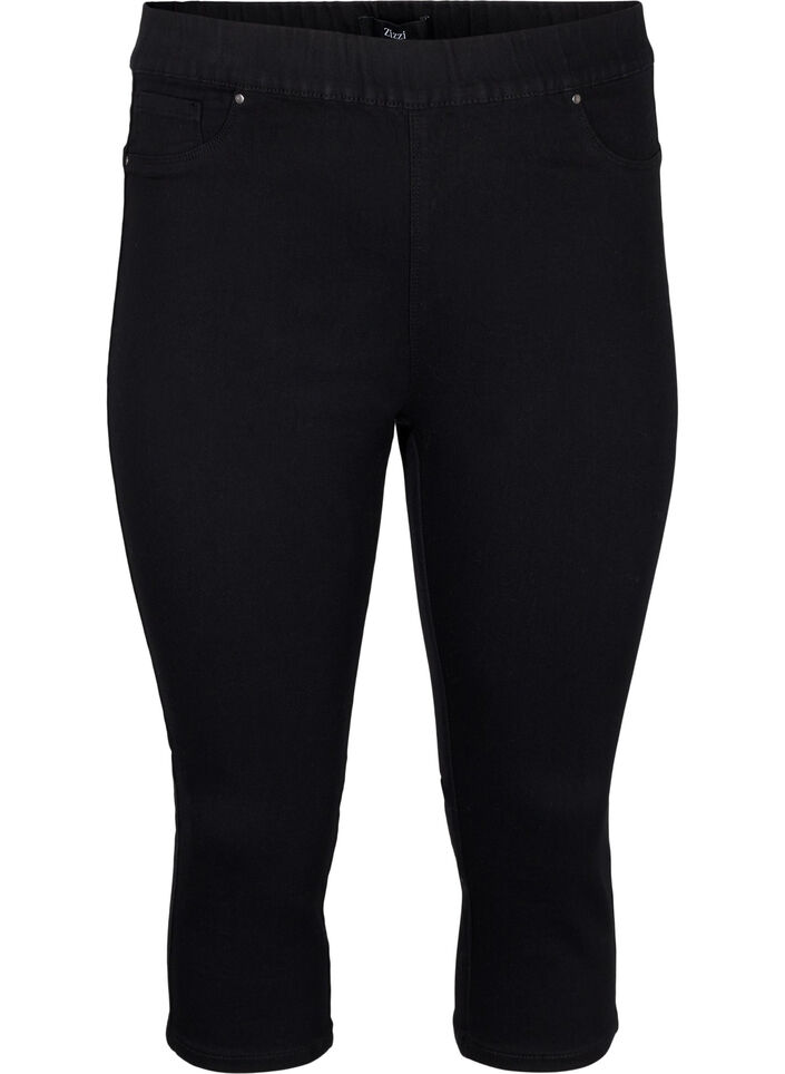 Denim capribroek met elastische tailleband, Zwart, Packshot image number 0