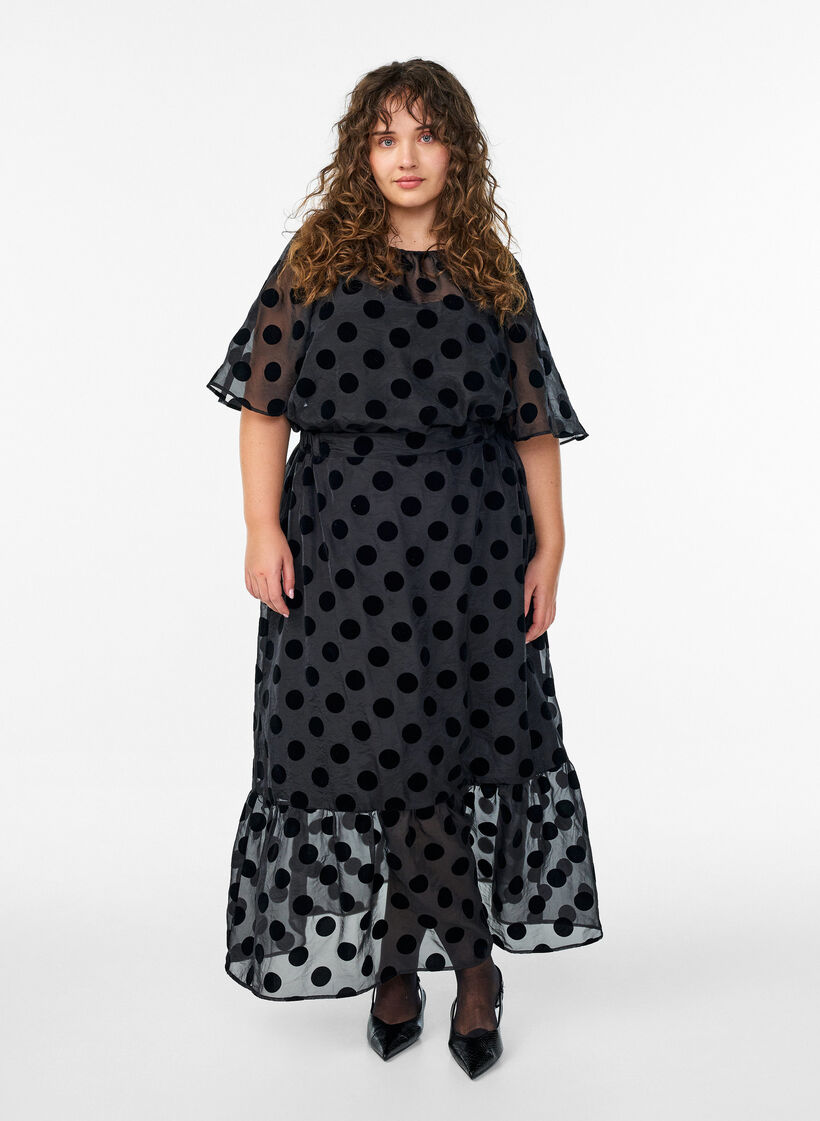 Midirok in organza-look met fluwelen stippen, Zwart, Model image number 0