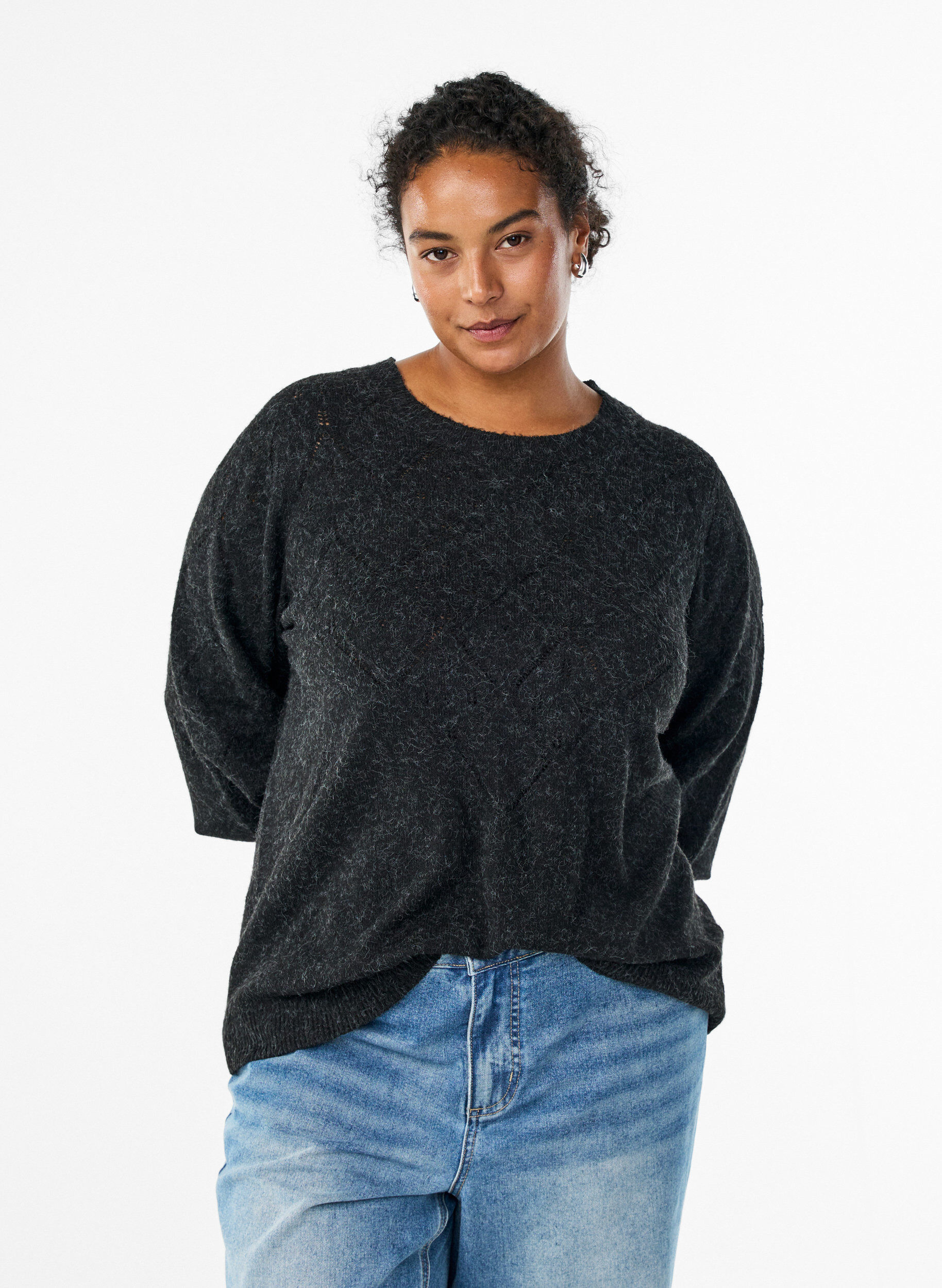 Gebreide top met opengewerkt patroon en ballonnen mouwen, Grijs, Model