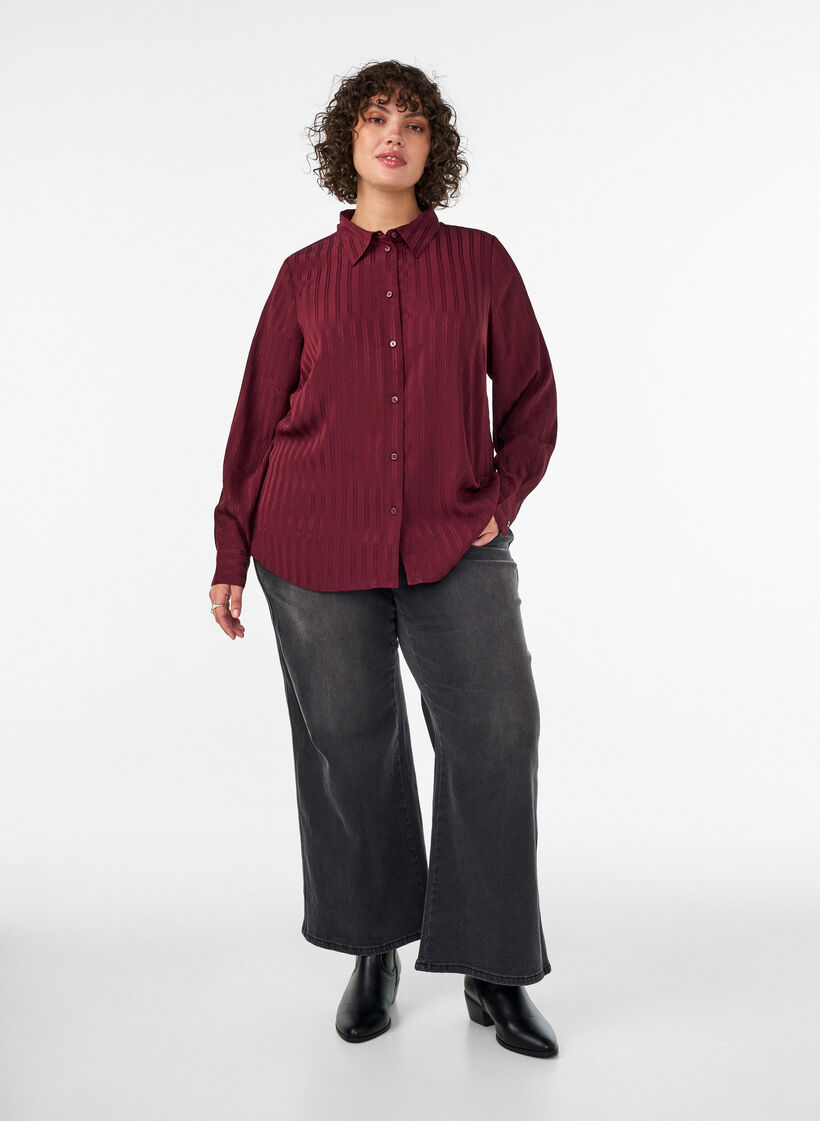 Shirt met gestructureerde strepen en glitterdraden, Rood, Model image number 1