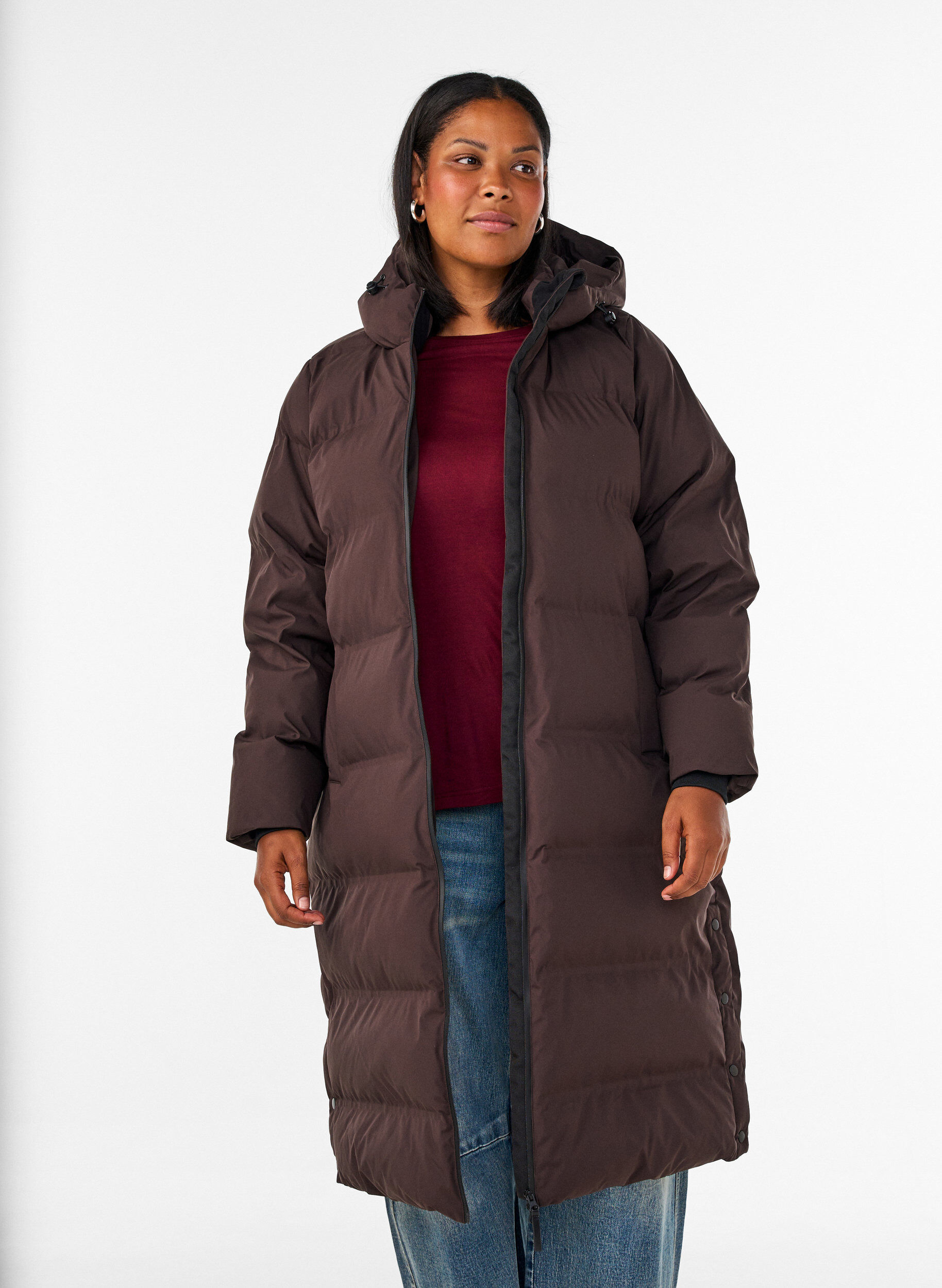 ZizziLange puffer winterjas met capuchon, Bruin, Model image number 0