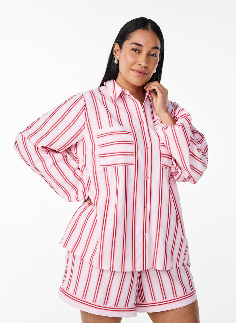 Los shirt met strepen en lange mouwen, Pink stripe, Model
