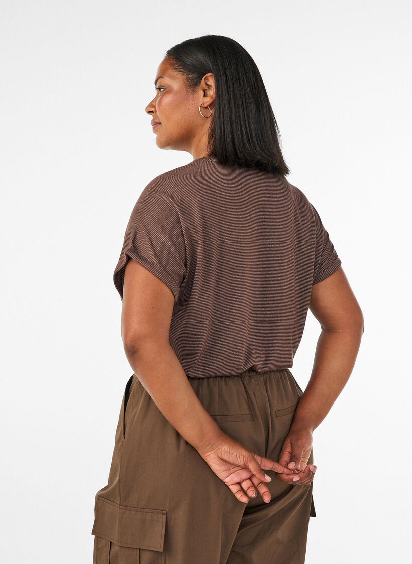 Viscose T-shirt met glitterstrepen, Bruin, Model image number 2