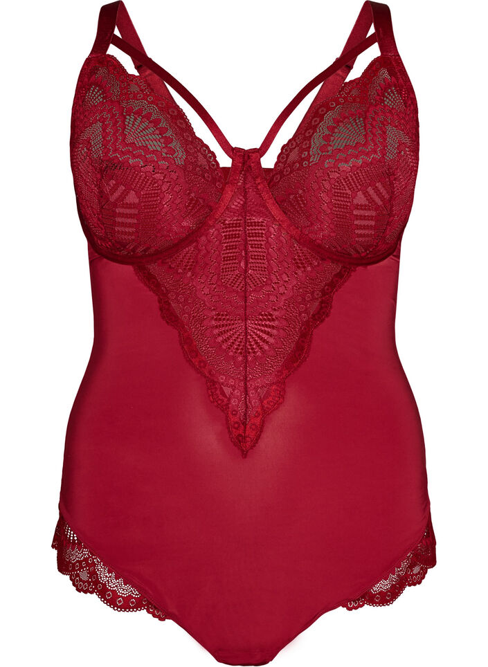 Body van kant met beugels en bandjesdetails, Rood, Packshot image number 0