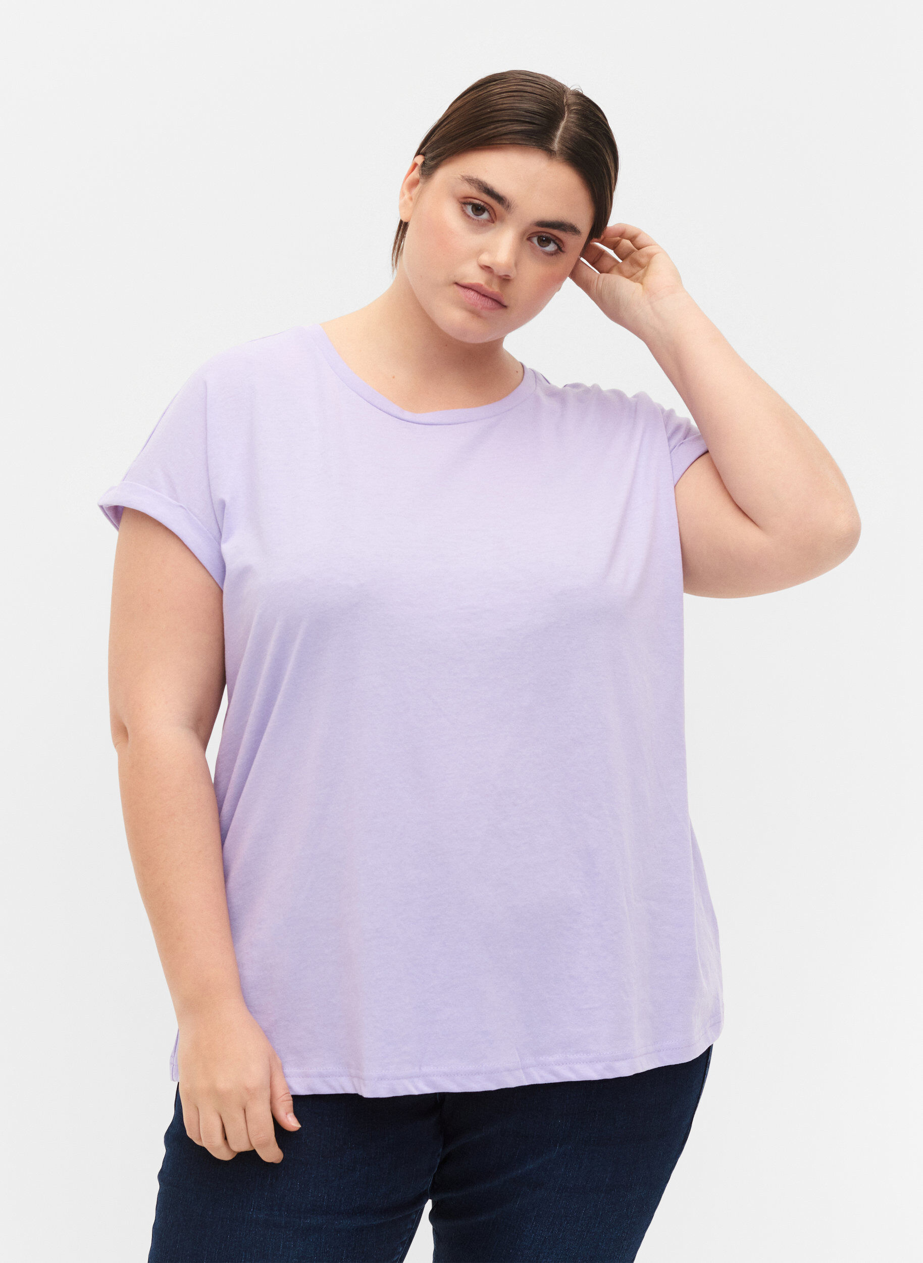 T-shirt met korte mouwen van katoenmix, Paars, Model