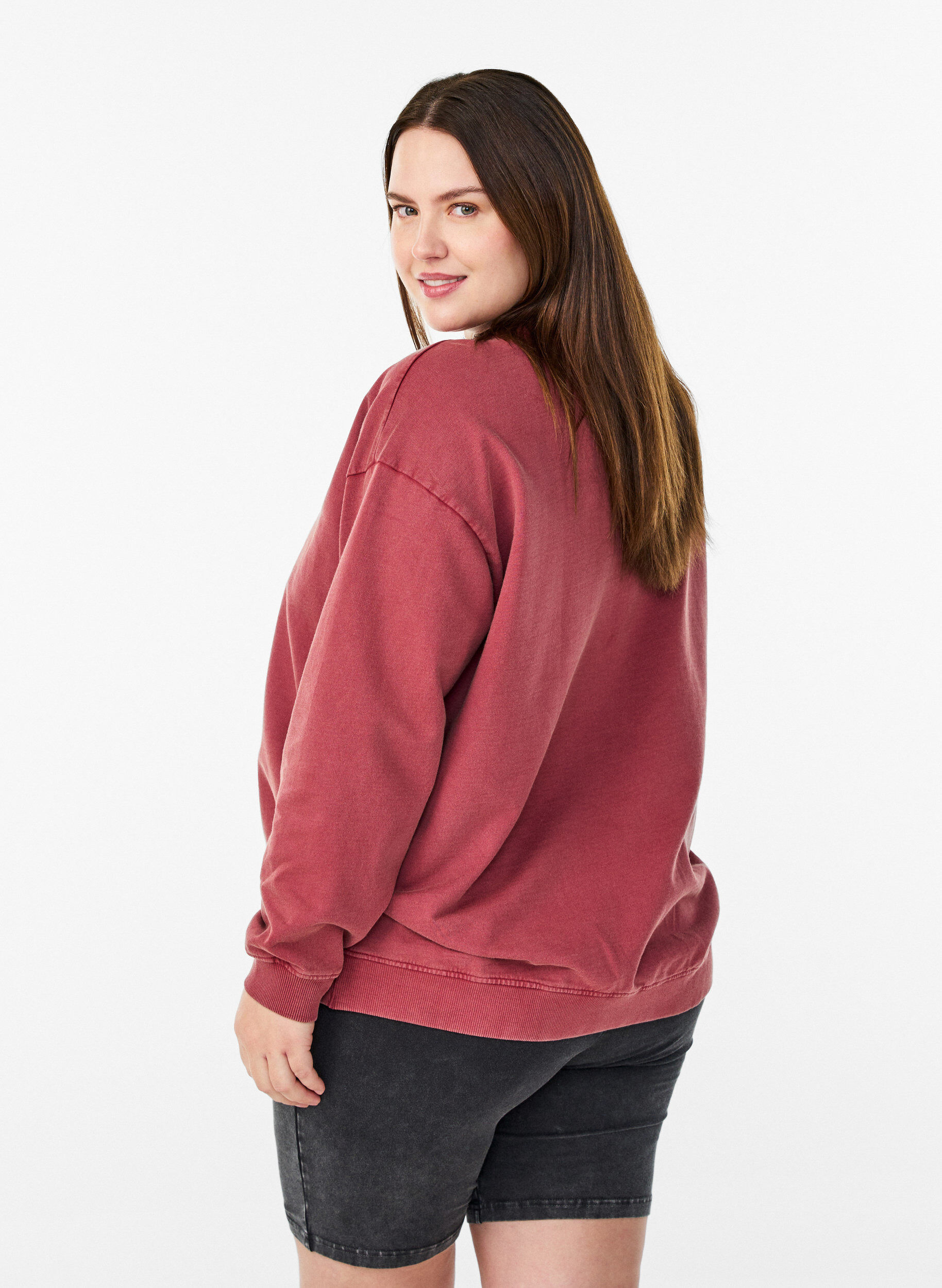 ZizziLosvallend sweatshirt met gewassen look, Rood, Model image number 2