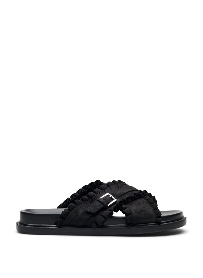 Wide fit - Instapsandaal met ruche details, Black, Packshot