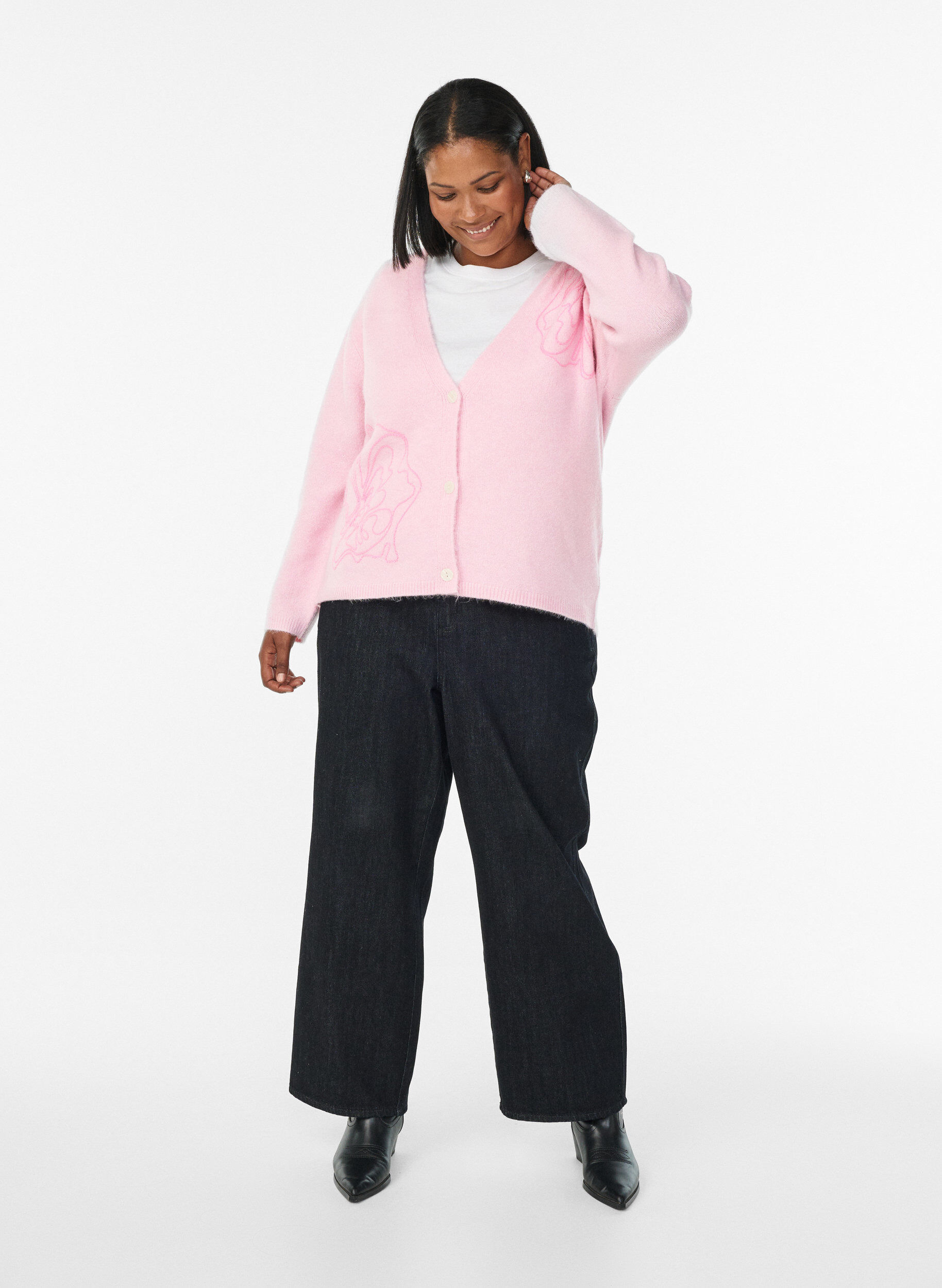 ZizziCardigan met V-hals en geborduurde bloemen, Roze, Model image number 1