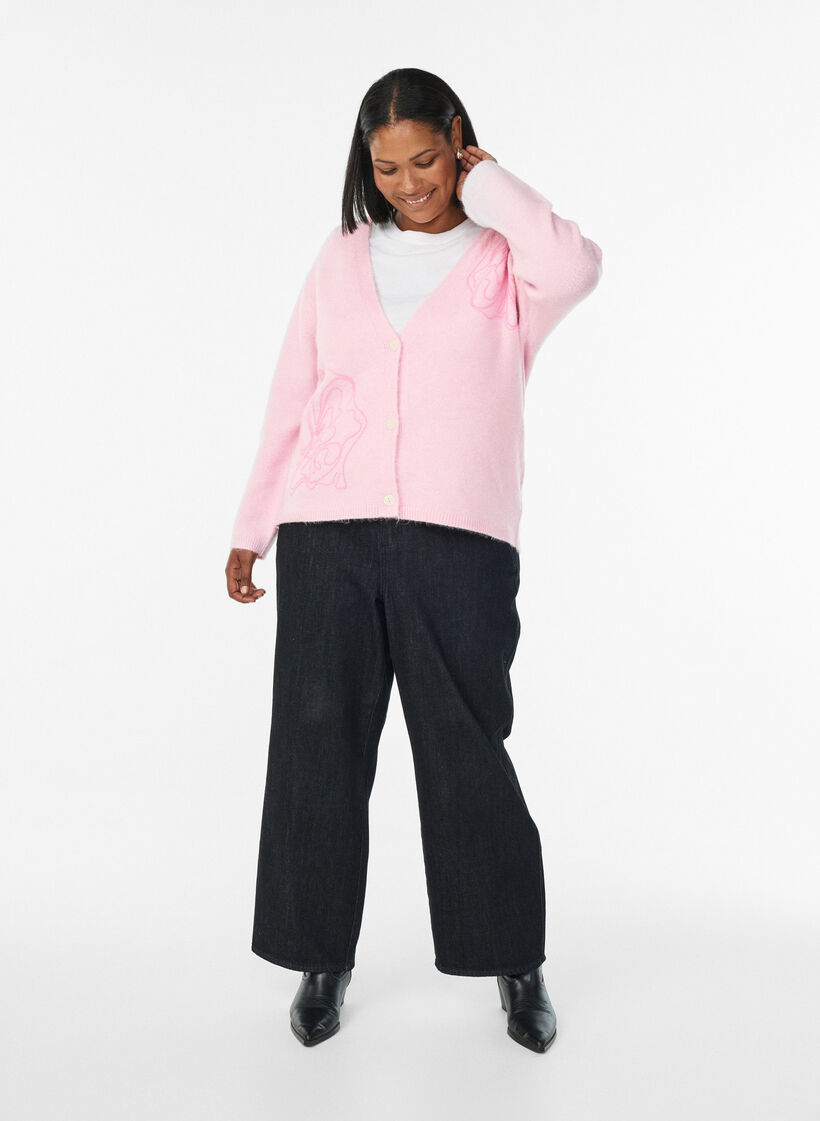 Cardigan met V-hals en geborduurde bloemen, Roze, Model image number 1