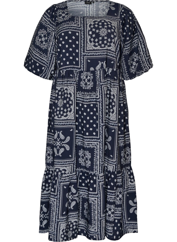 Enkel-lange jurk in viscose met paisleyprint en korte mouwen, Blauw, Packshot image number 0