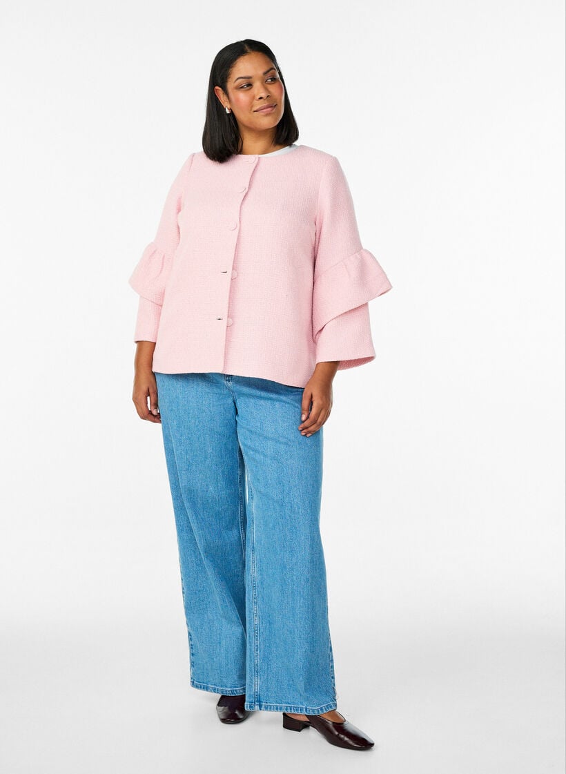 Boucl&eacute; jasje met ruchesdetails, Roze, Model image number 1
