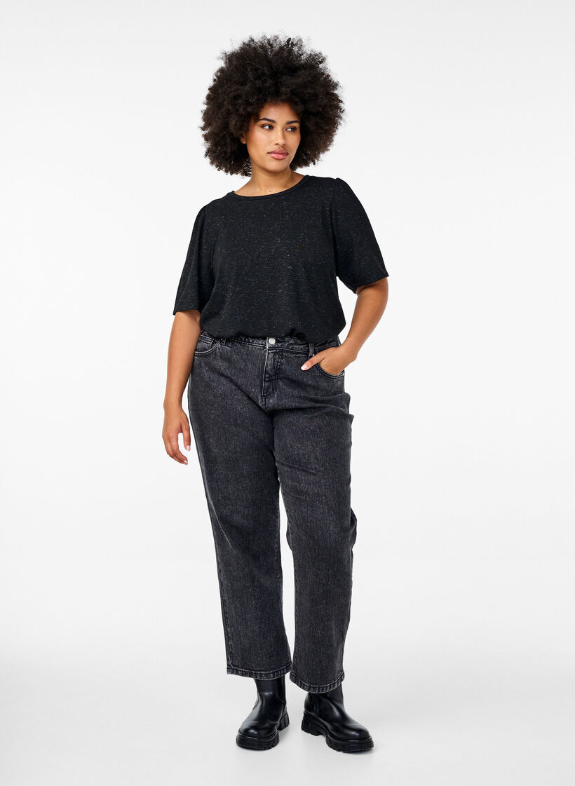 T-shirt met glitters en korte pofmouwen, Zwart, Model image number 1