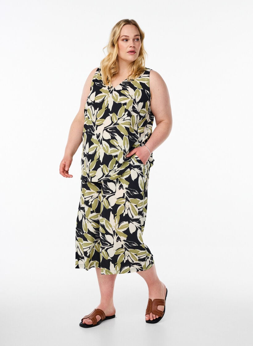 Top met print en V-hals, Zwart, Model image number 1