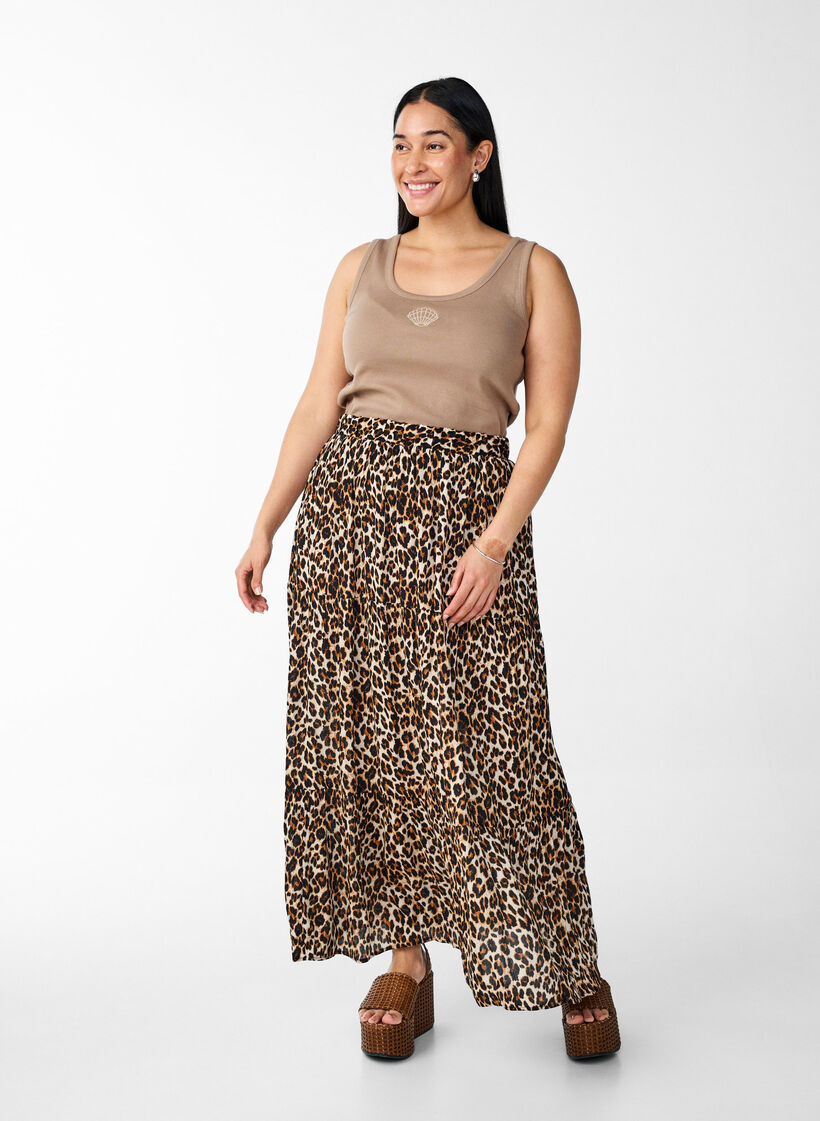 Nauwsluitende top met motief, Bruin, Model image number 1