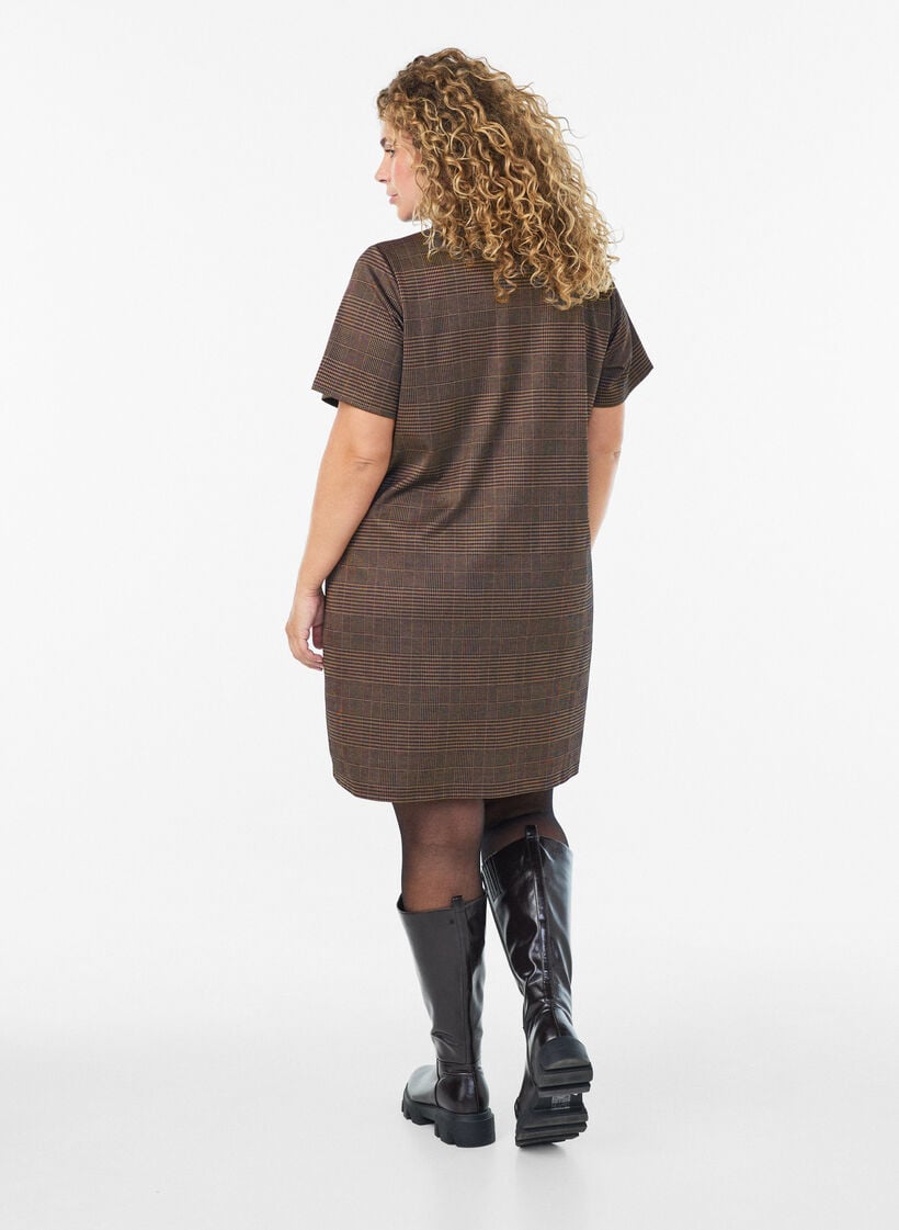 Korte geruite jurk met een overhemdkraag, Bruin, Model image number 2