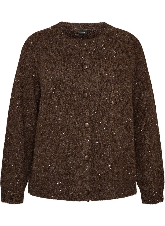 Cardigan met pailletten en knopen, Bruin, Packshot image number 0