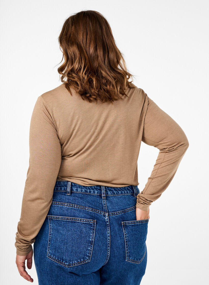Blouse met lange mouwen van wol en viscose, Bruin, Model image number 2