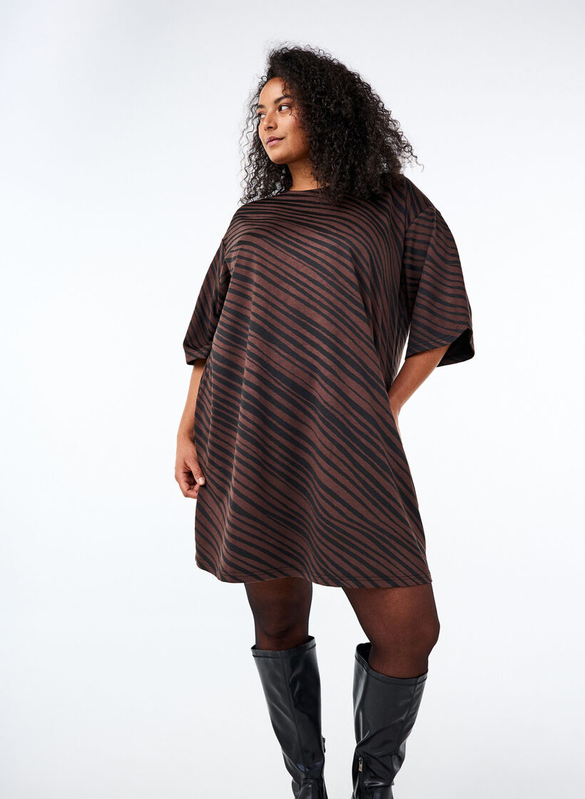 Jurk met patroon en 3/4 mouwen, Bruin, Image image number 0