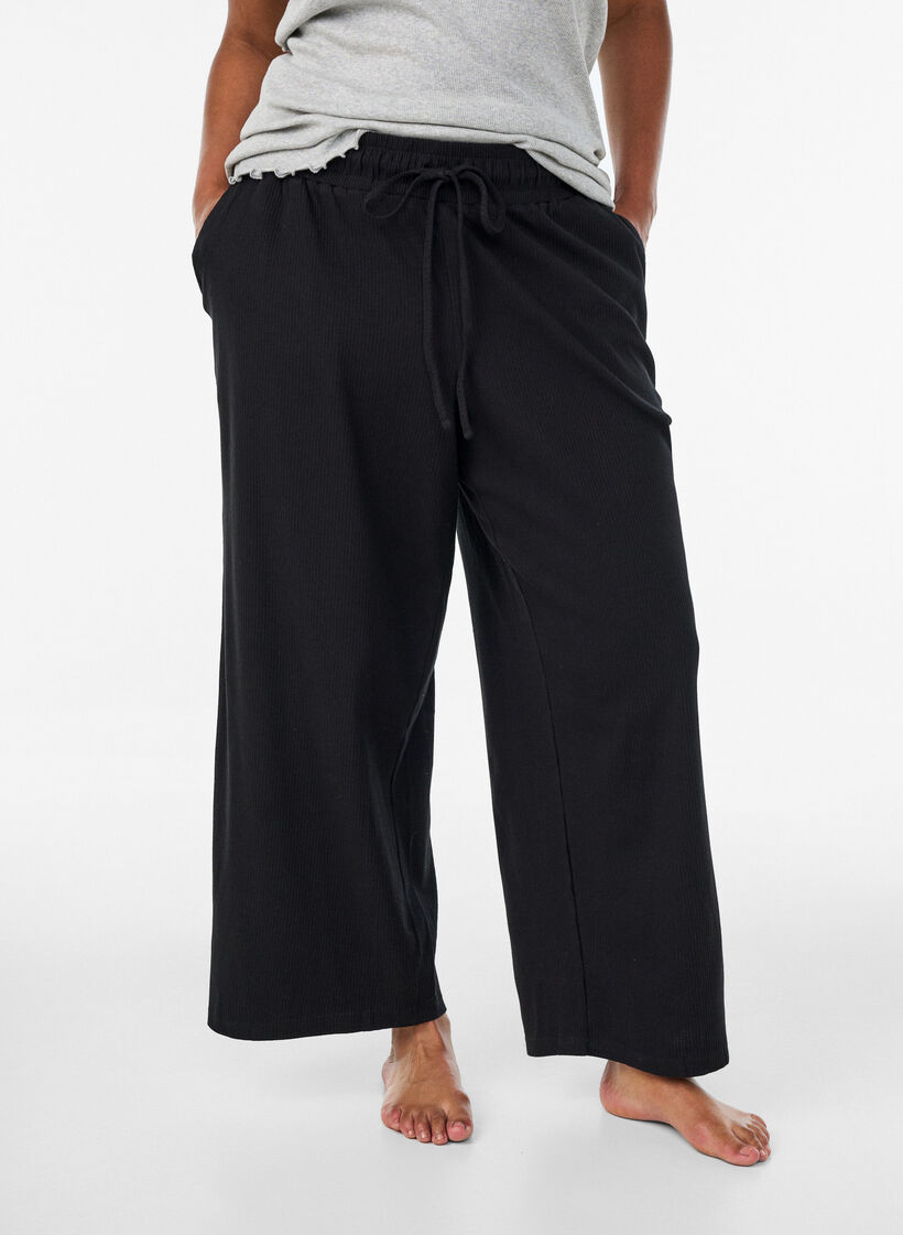 Geribde pyjamabroek met rechte pijpen, Zwart, Model image number 1