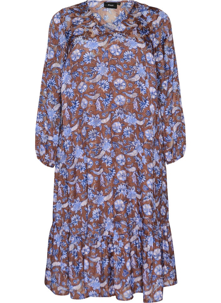 Midijurk met bloemenprint en ruchezoom, Bruin, Packshot image number 0