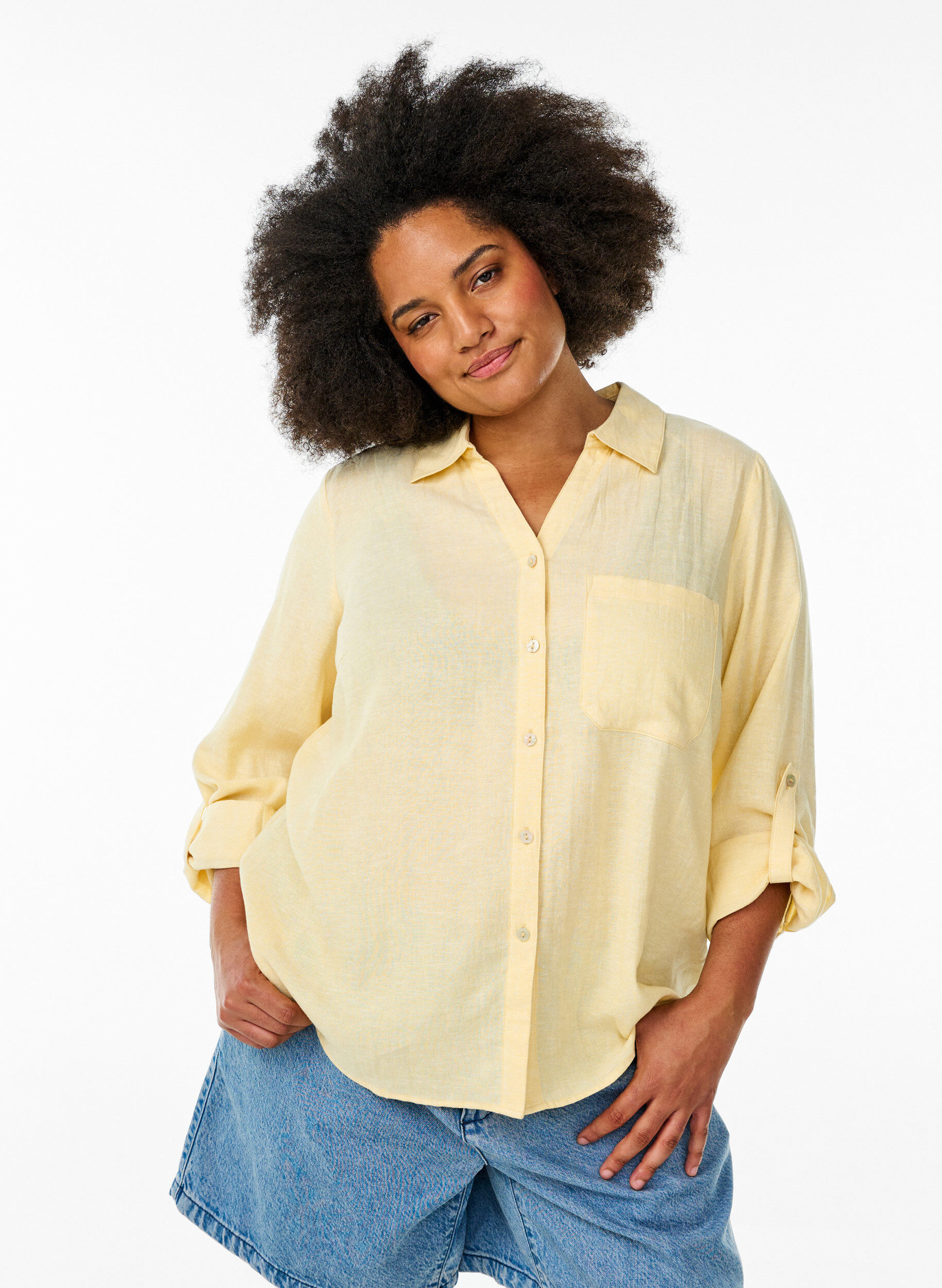 Linnen en viscose shirt met 3/4 mouwen, Geel, Model