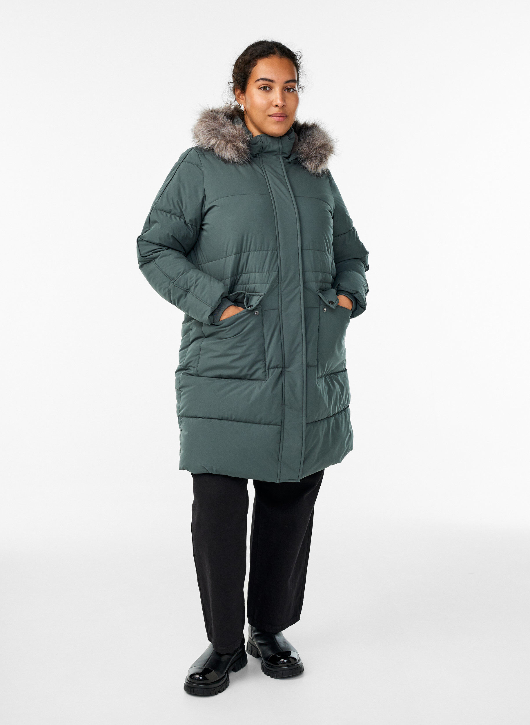 ZizziWaterafstotende parka met imitatiebontkraag, Groen, Model image number 1