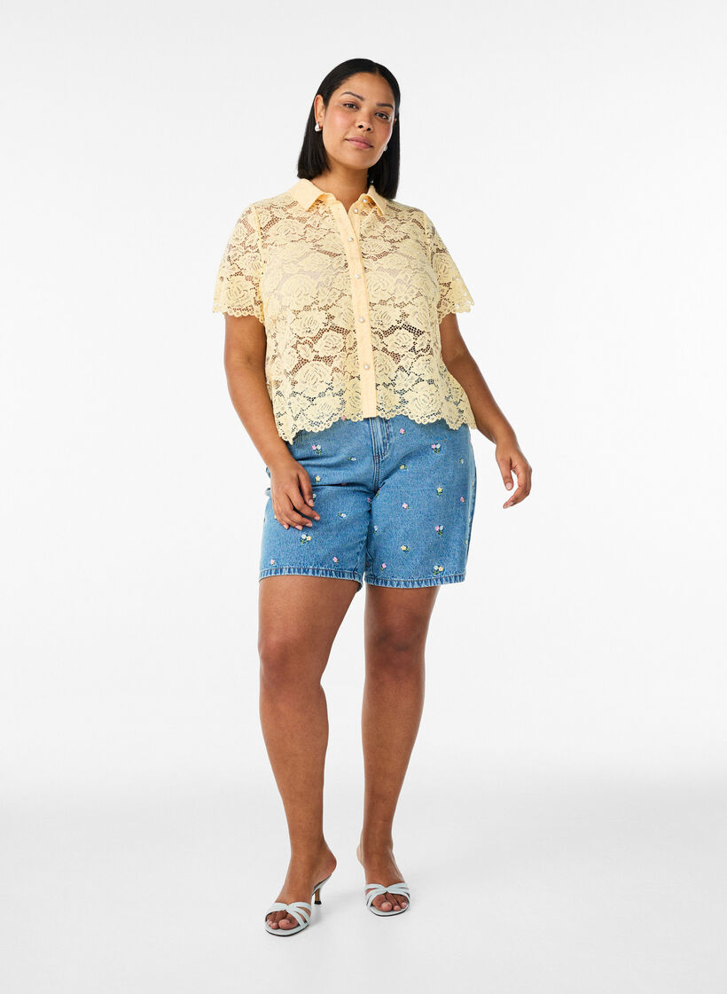 Kanten shirt blouse met parelknopen, Geel, Model image number 1