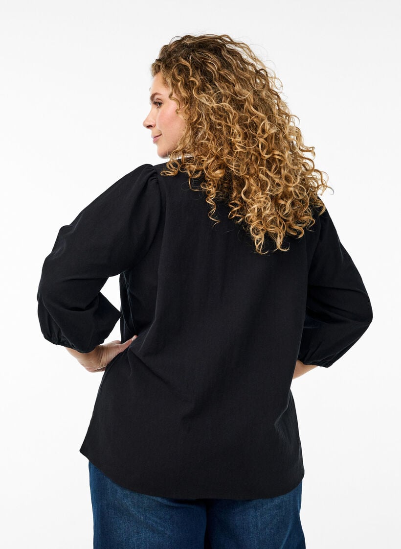 3/4 mouw blouse in katoen met strepen, Zwart, Model image number 2