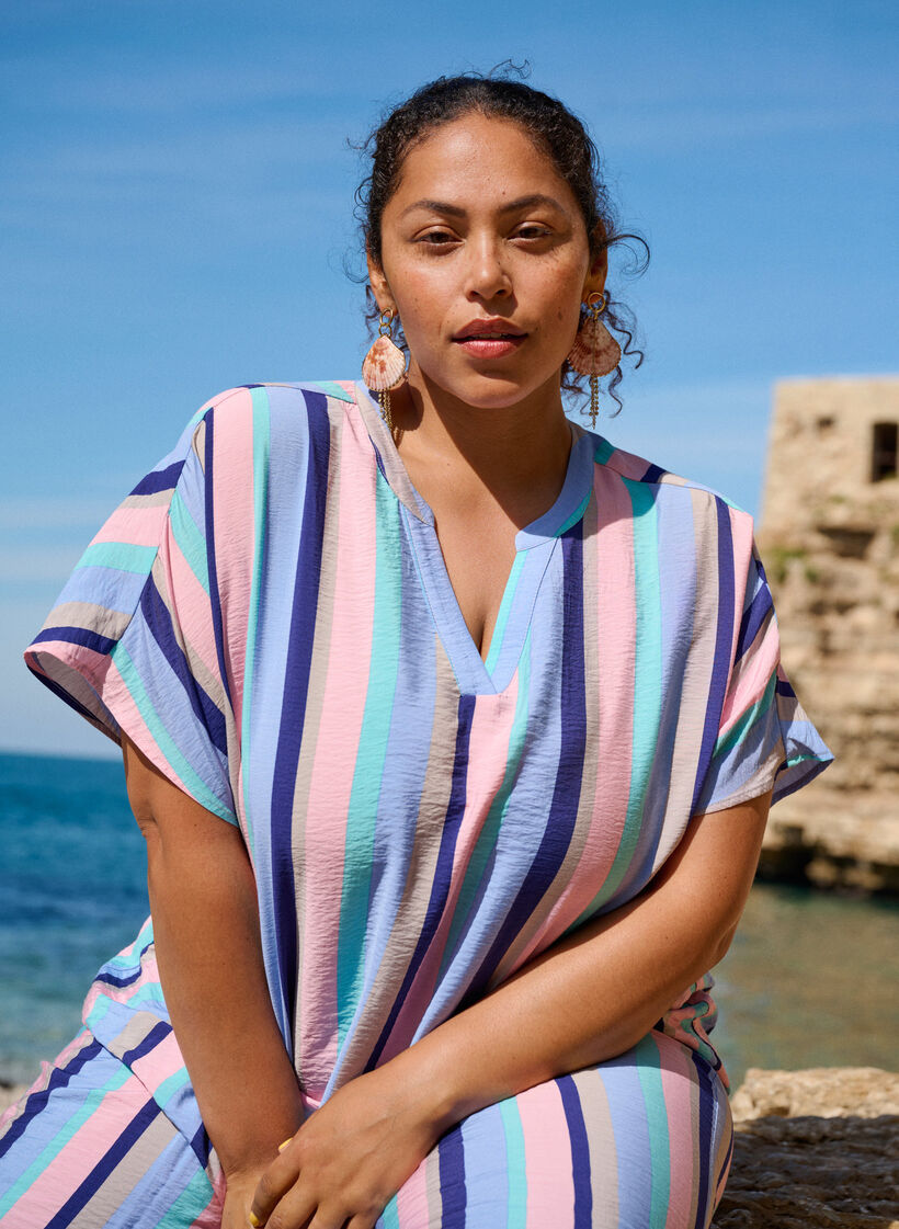 Blouse van viscose met strepen en korte mouwen, Pastel Stripe, Image