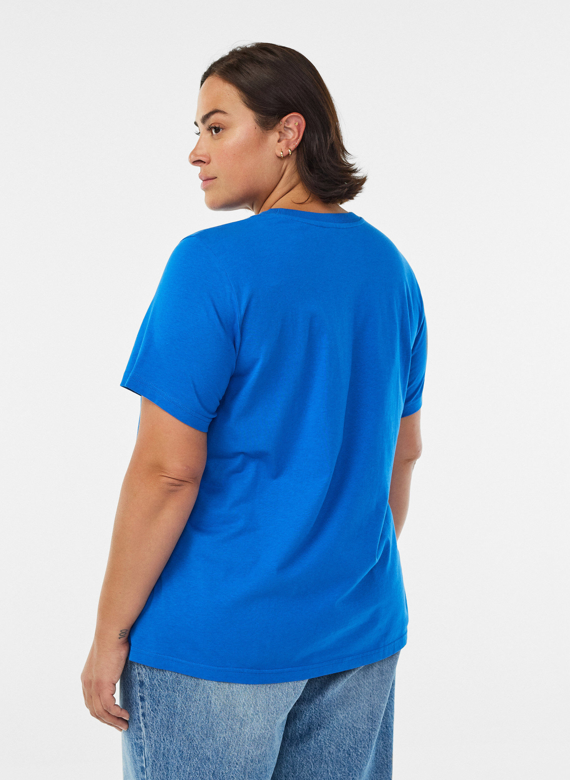 ZizziBasic katoenen T-shirt met ronde hals, Blauw, Model image number 2